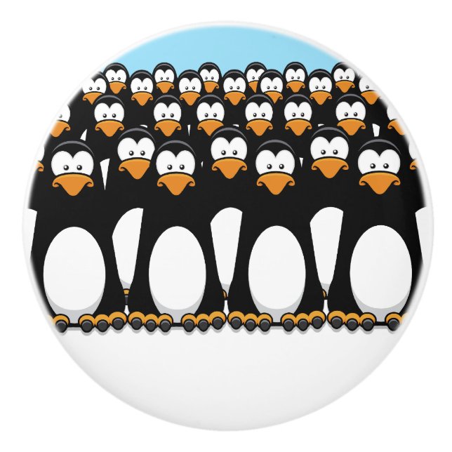 Crowd of Funny Cartoon Penguins on Snow Ceramic Knob (Front)