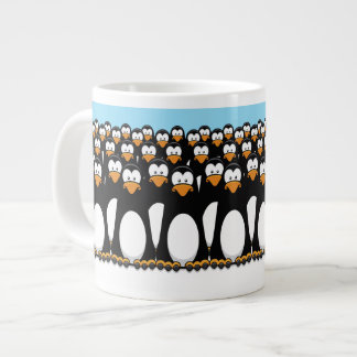 Crowd of Funny Cartoon Penguins on Snow Large Coffee Mug