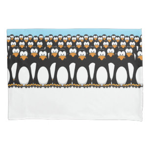 Crowd of Funny Cartoon Penguins on Snow Pillowcase