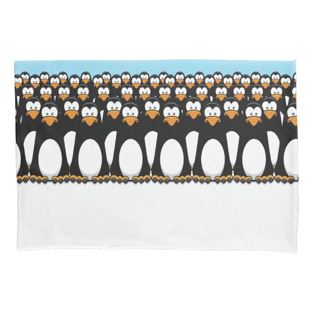 Crowd of Funny Cartoon Penguins on Snow Pillowcase (Front)