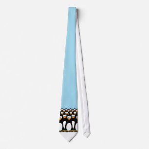 Crowd of Funny Cartoon Penguins on Snow Tie