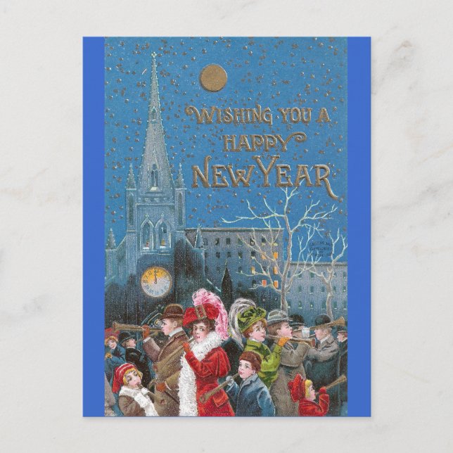 Crowd of Happy Revelers with Horns on New Year's Holiday Postcard (Front)