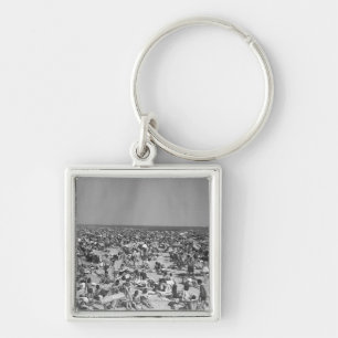 Crowd of people on beach B&W elevated view Keychain