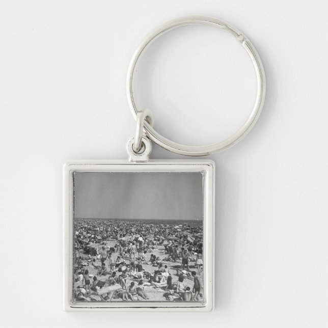 Crowd of people on beach B&W elevated view Keychain (Front)
