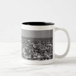Crowd of people on beach B&W elevated view Two-Tone Coffee Mug