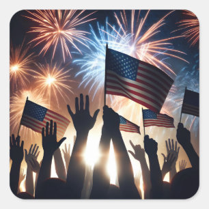 Crowd With American Flags and Fireworks Square Sticker