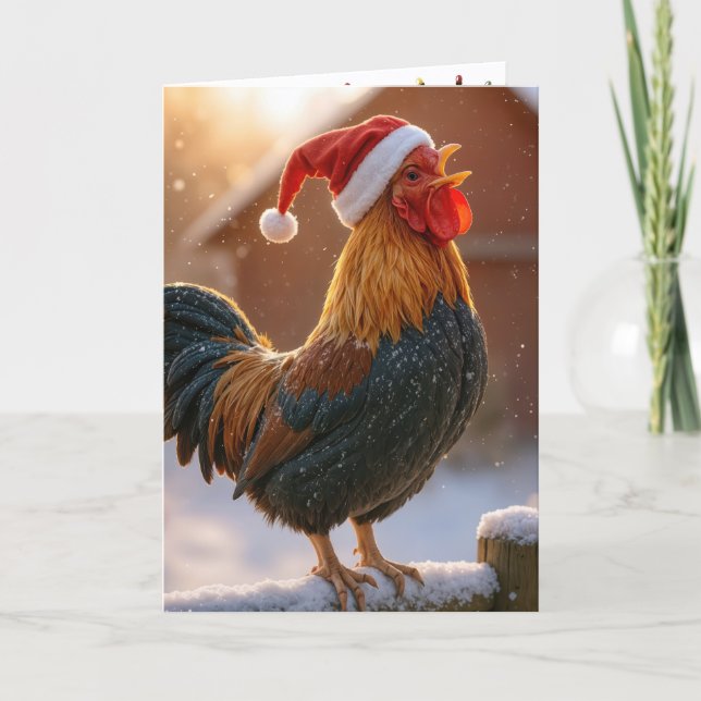 Crowing Christmas Rooster Wearing a Santa Hat Card (Front)