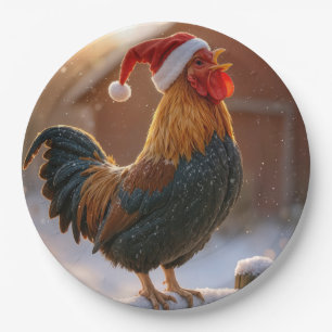 Crowing Christmas Rooster Wearing a Santa Hat Paper Plate