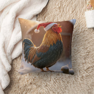Crowing Christmas Rooster Wearing a Santa Hat Throw Pillow
