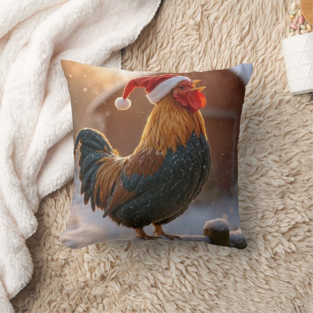 Crowing Christmas Rooster Wearing a Santa Hat Throw Pillow (Blanket)