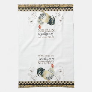 Crowing Rooster Black & Tan Check Swirl Kitchen Kitchen Towel