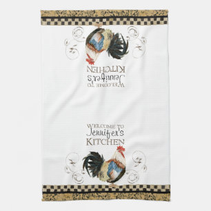 Crowing Rooster Black & Tan Check Swirl Kitchen Kitchen Towel