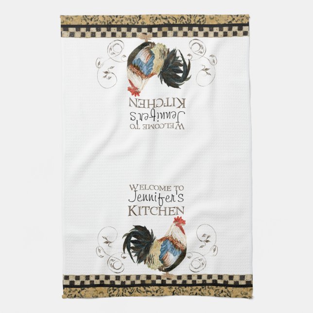 Crowing Rooster Black & Tan Check Swirl Kitchen Kitchen Towel (Vertical)