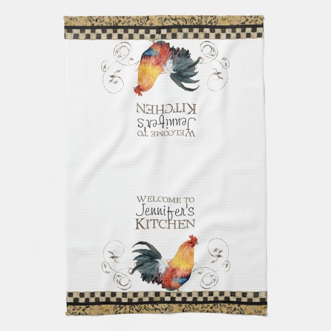 Crowing Rooster Black & Tan Check Swirl Kitchen Towel (Vertical)