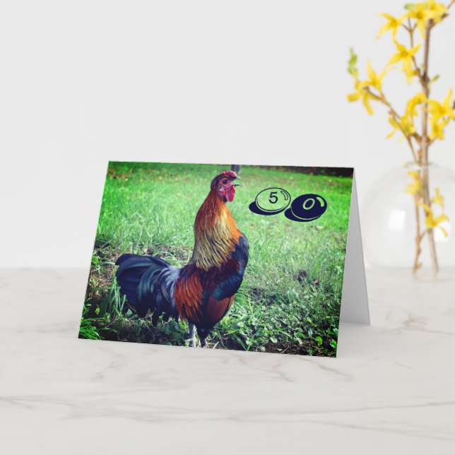 Crowing Rooster Funny 50th Birthday      Card (Yellow Flower)
