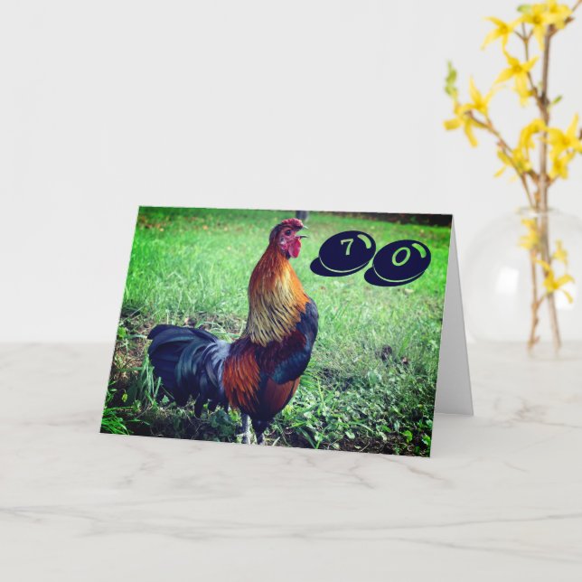 Crowing Rooster Funny 70th Birthday Card (Yellow Flower)