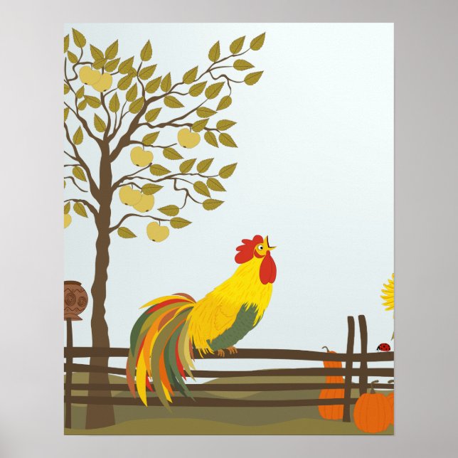 Crowing Rooster on Fence Poster (Front)