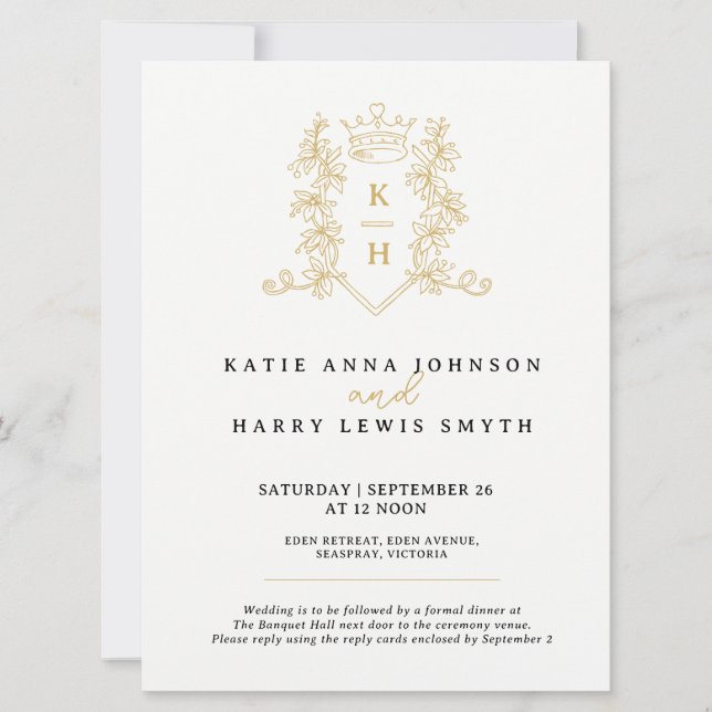 Crown and foilage wedding black gold on white invitation (Front)
