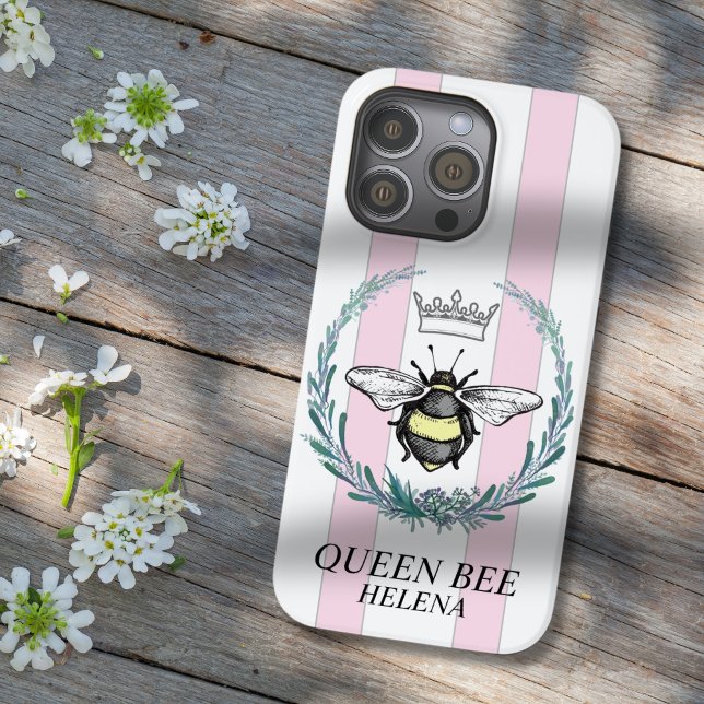 Crown Bee | Pink & White Striped Personalized Case-Mate iPhone Case (Creator Uploaded)