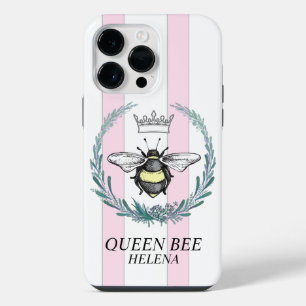 Crown Bee Pink & White Striped Personalized iPhone 14 Pro Max Case