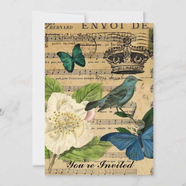 crown bird Music Notes Rose shabby elegance Invitation (Front)