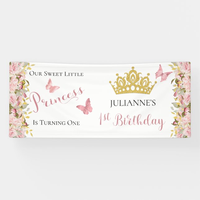 Crown | Butterflies Floral Princess 1st Birthday  Banner (Horizontal)
