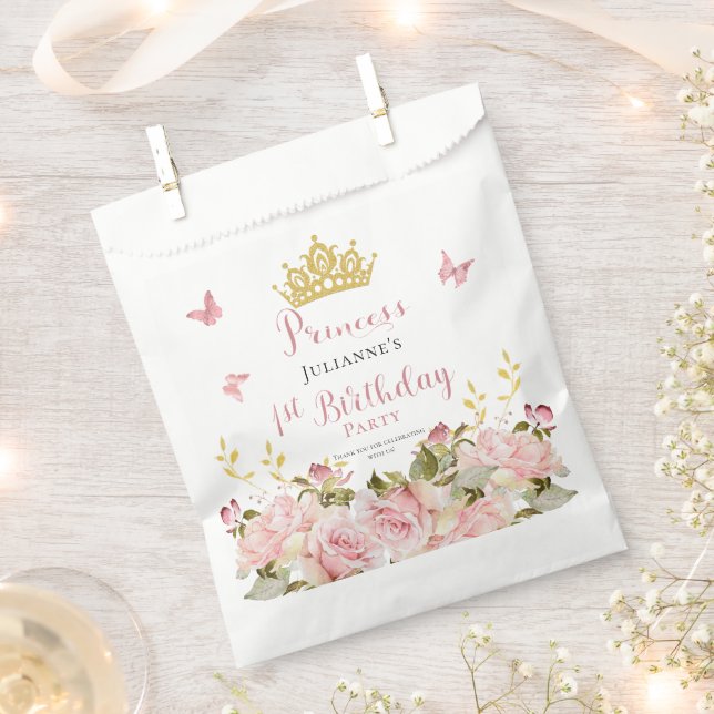 Crown | Butterflies Floral Princess 1st Birthday Favour Bag (Clipped)