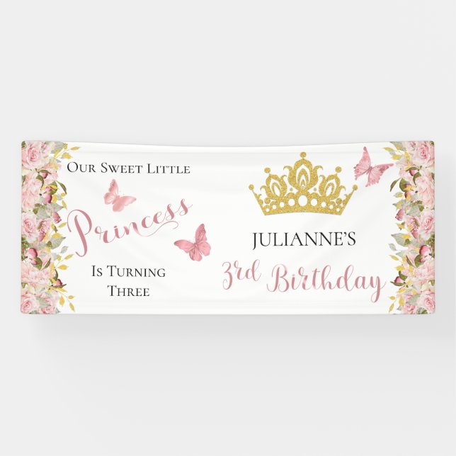 Crown | Butterflies Floral Princess 3rd Birthday Banner (Horizontal)
