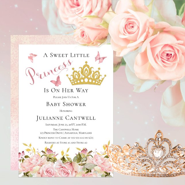 Crown | Butterflies Floral Princess Baby Shower Invitation (Faux Gold Glitter Crown and Pink Butterflies Roses Floral Princess Baby Shower Invitation)