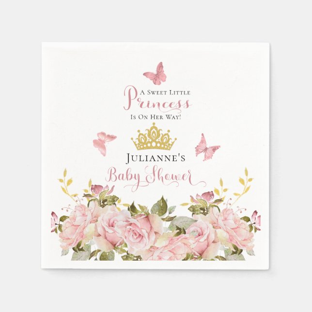 Crown | Butterflies Floral Princess Baby Shower Napkin (Front)