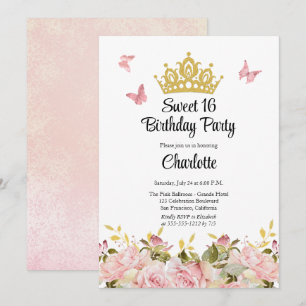 Crown   Butterflies Pink Floral Sweet 16 Birthday Invitation