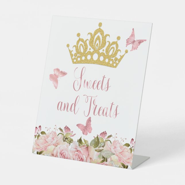 Crown Butterflies Pink Floral Sweets & Treats Pedestal Sign (Front)