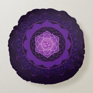 Crown Chakra Mandala -Sahasrara With Om Purple Round Pillow