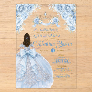Crown Dusty Blue Crown Gold Quinceañera Birthday Acrylic Invitations