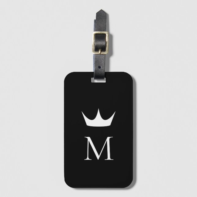 Crown Elegant Monogram Black and White Luggage Tag (Front Vertical)