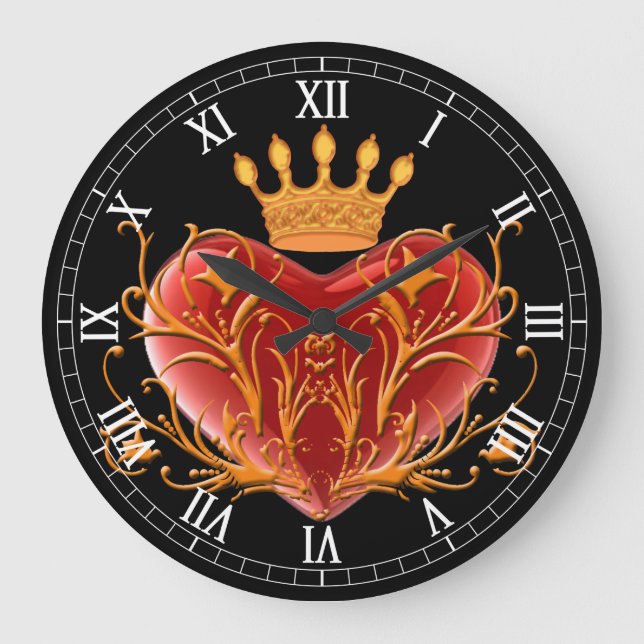 Crown Filigree Heart Round Roman Numerals Clock (Front)