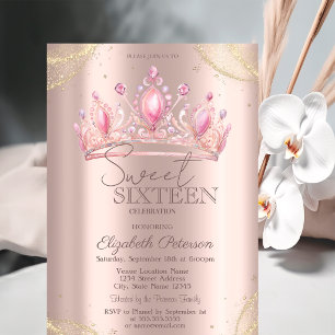  Crown Gold Glitter Corners Rose Gold Sweet 16   Invitation