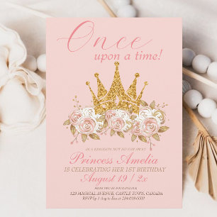 Crown gold pink rose Princess 1st Birthday Party Invitation
