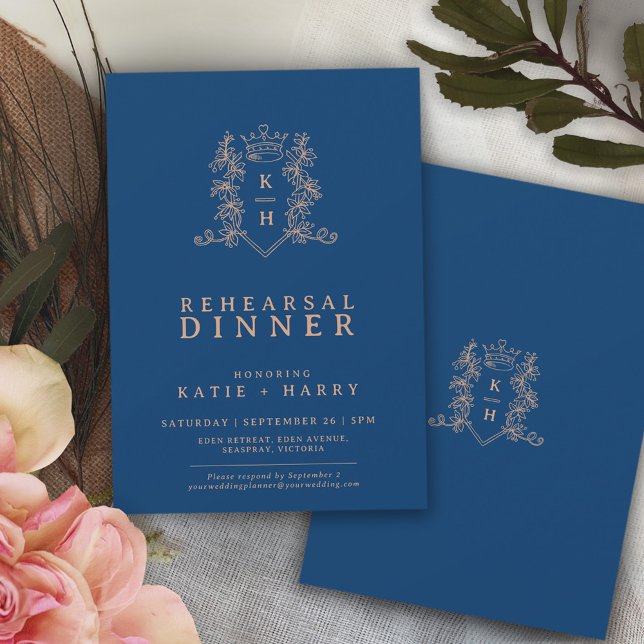Crown monogram blue rose gold wedding rehearsal invitation (Creator Uploaded)