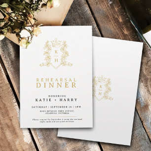 Crown monogram gold white wedding rehearsal invitation