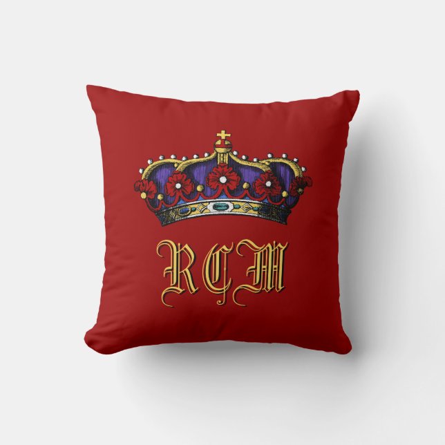 Crown Monogram Regal Touch Dark Red Throw Pillow (Front)