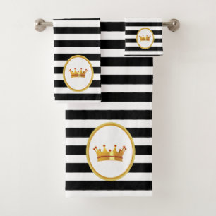 Crown on  Black & White Striped Bath Towel Set
