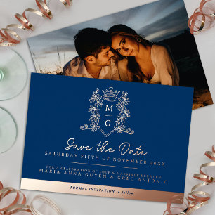 Crown photo wedding save the date blue rose gold