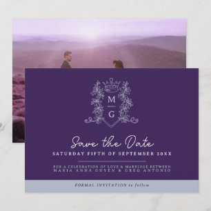 Crown photo wedding save the date purple grey