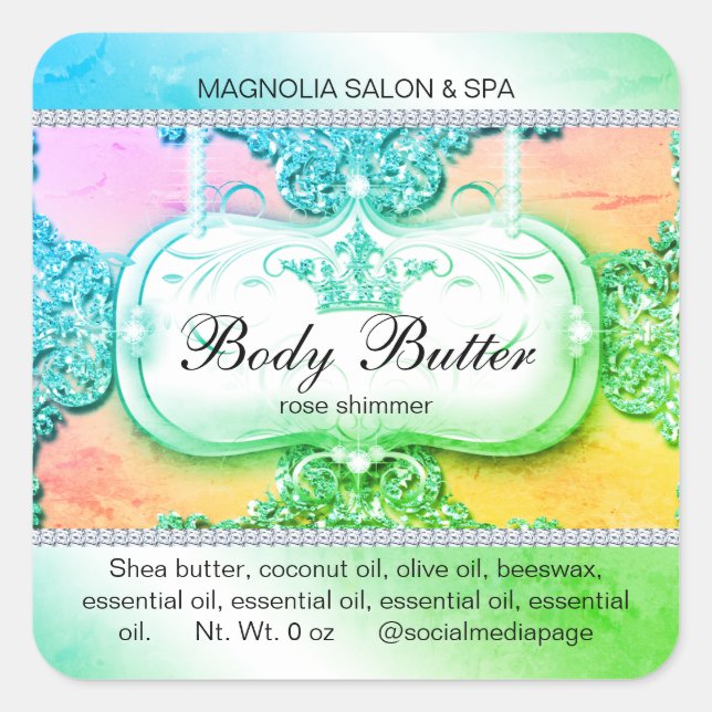 Crown Salon Glitter Green Blue Square Sticker (Front)