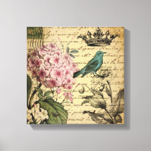 crown script hydrangea bird french botanical canvas print