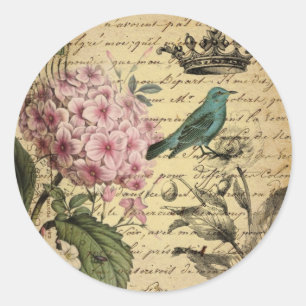 crown script hydrangea bird french botanical classic round sticker