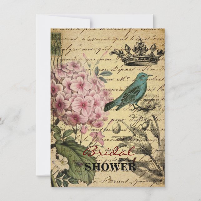 crown script hydrangea bird french botanical invitation (Front)