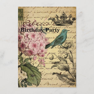 crown script hydrangea bird french botanical invitation