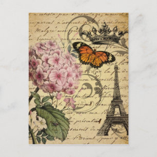 crown script hydrangea bird french botanical postcard